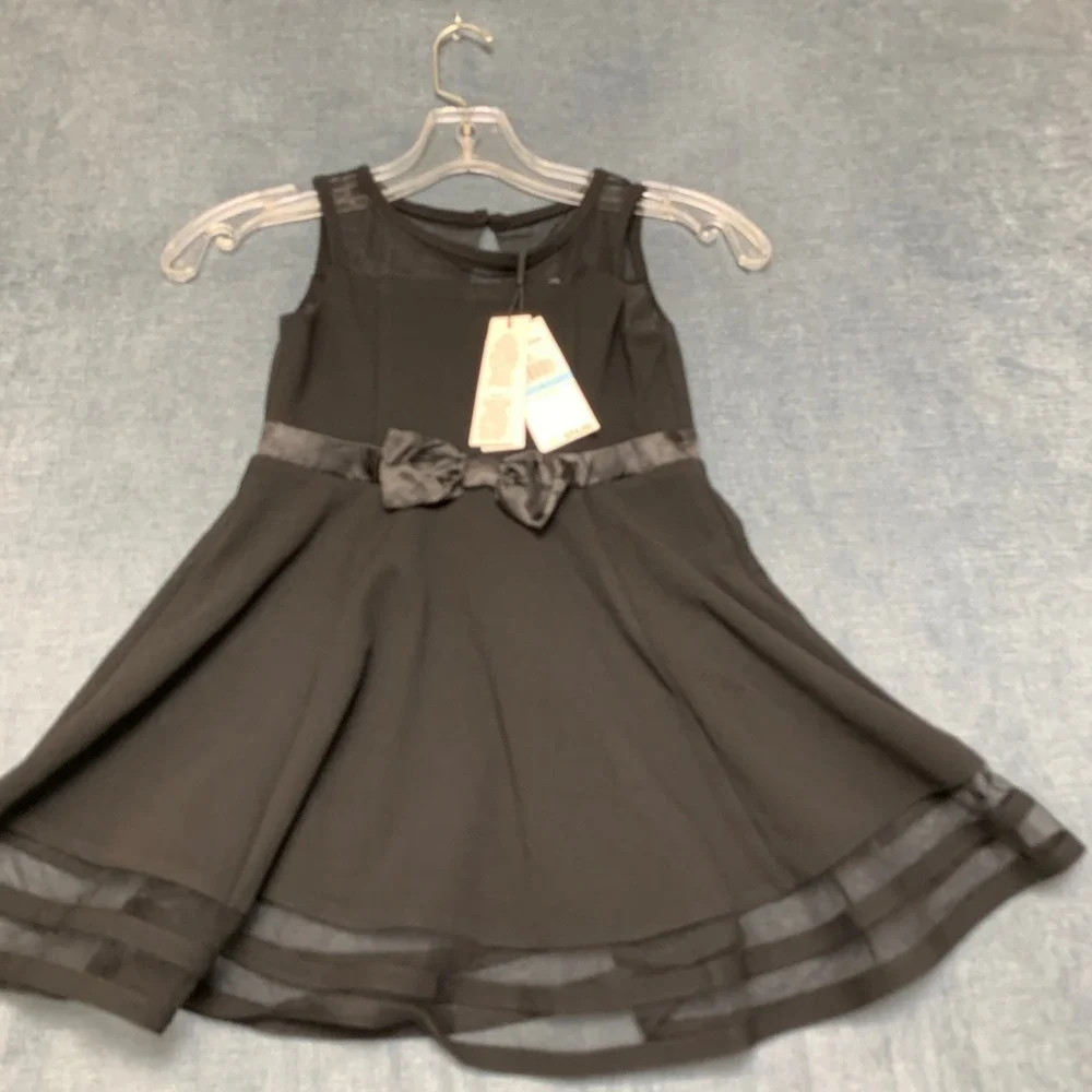 Calvin Klein Fit & Flare Mini Dress Girls 5 Black Party Illusion Mesh Bow Front